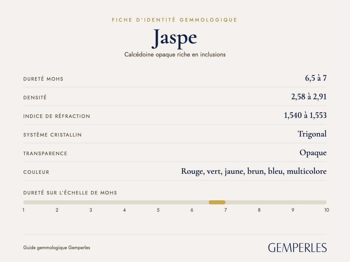 Fiche d’identité du jaspe : dureté 6,5 à 7 Mohs, densité 2,58 à 2,91, indice de réfraction 1,540 à 1,553, trigonal, opaque