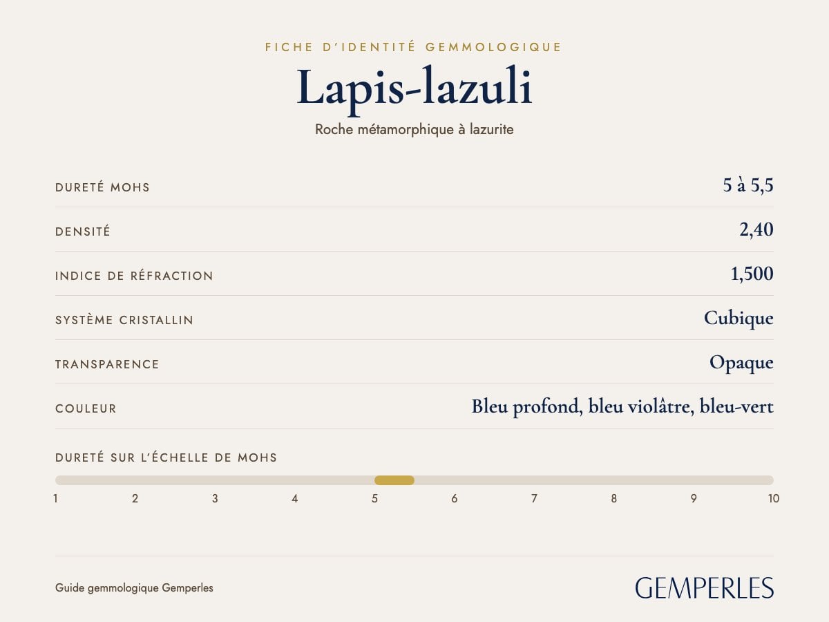 Fiche d’identité du lapis-lazuli : dureté 5 à 5,5 Mohs, densité 2,40, indice de réfraction 1,500, cubique, opaque
