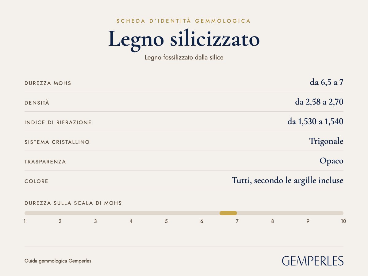 Scheda d’identità del legno silicizzato: durezza da 6,5 a 7 Mohs, densità da 2,58 a 2,70, indice di rifrazione da 1,530 a 1,540, trigonale, opaco