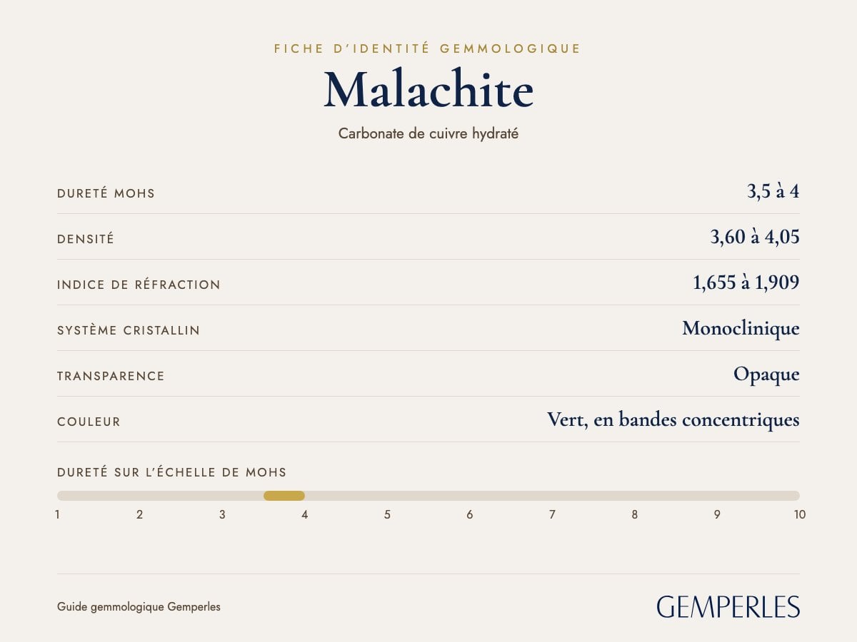 Fiche d’identité de la malachite : dureté 3,5 à 4 Mohs, densité 3,60 à 4,05, indice de réfraction 1,655 à 1,909, monoclinique, opaque