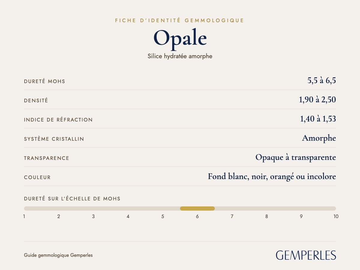 Fiche d’identité de l’opale : dureté 5,5 à 6,5 Mohs, densité 1,90 à 2,50, indice de réfraction 1,40 à 1,53, amorphe, opaque à transparente