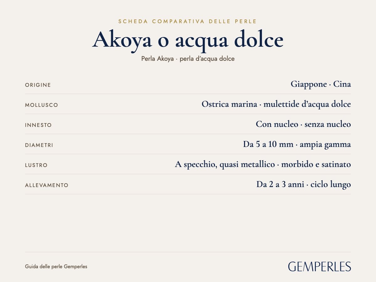 Scheda comparativa delle perle Akoya e d’acqua dolce: Origine Giappone  ·  Cina, Mollusco Ostrica marina  ·  mulettide d’acqua dolce, Innesto Con nucleo  ·  senza nucleo, Diametri Da 5 a 10 mm  ·  ampia gamma, Lustro A specchio, quasi metallico  ·  morbido e satinato, Allevamento Da 2 a 3 anni  ·  ciclo lungo
