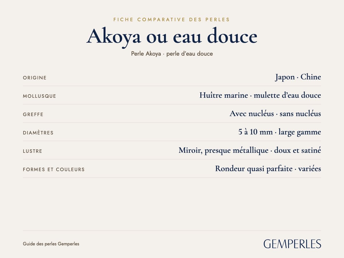 Fiche comparative des perles Akoya et d’eau douce : Origine Japon  ·  Chine, Mollusque Huître marine  ·  mulette d’eau douce, Greffe Avec nucléus  ·  sans nucléus, Diamètres 5 à 10 mm  ·  large gamme, Lustre Miroir, presque métallique  ·  doux et satiné, Formes et couleurs Rondeur quasi parfaite  ·  variées