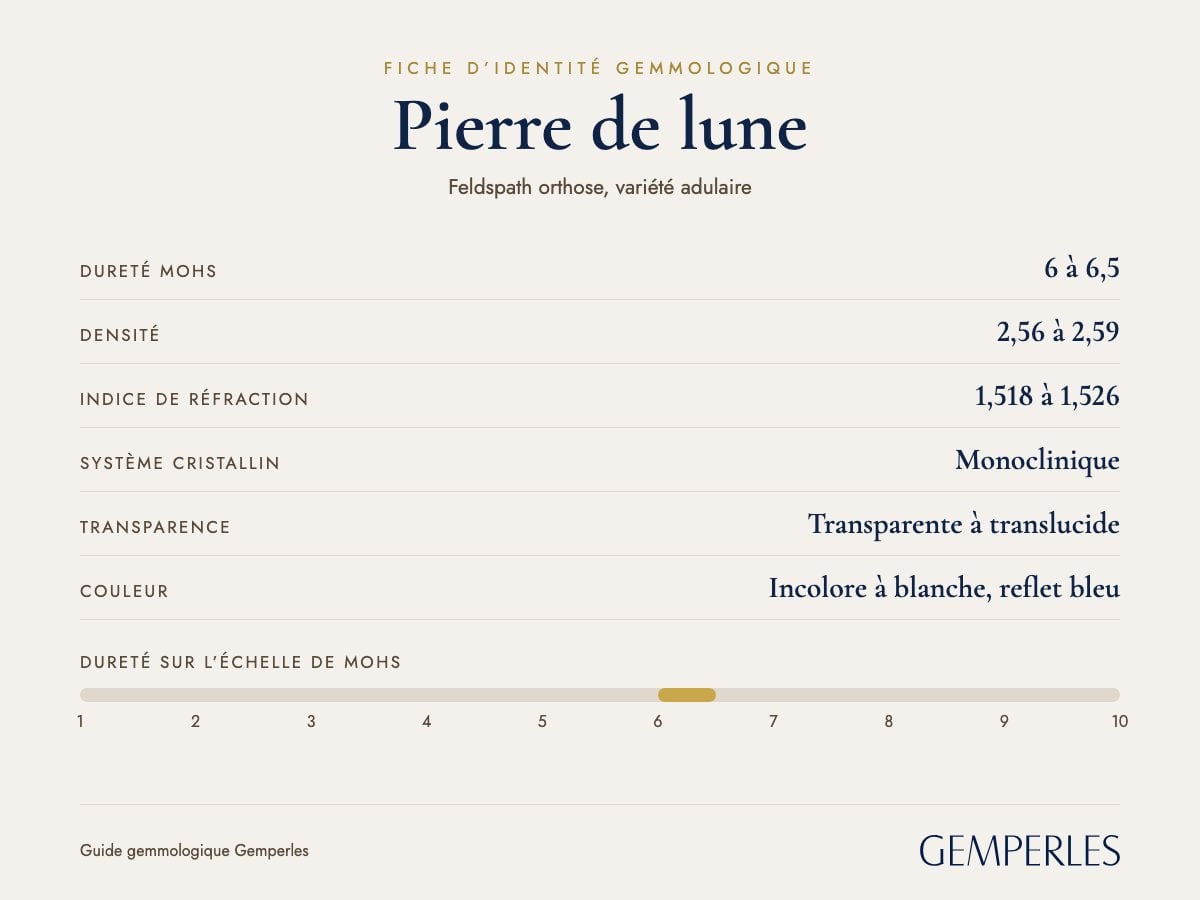 Fiche d’identité de la pierre de lune : dureté 6 à 6,5 Mohs, densité 2,56 à 2,59, indice de réfraction 1,518 à 1,526, monoclinique, transparente à translucide
