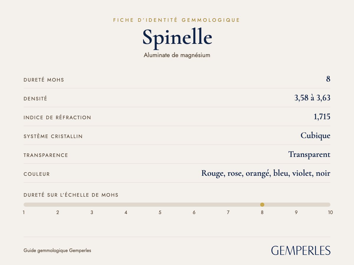 Fiche d’identité du spinelle : dureté 8 Mohs, densité 3,58 à 3,63, indice de réfraction 1,715, cubique, transparent
