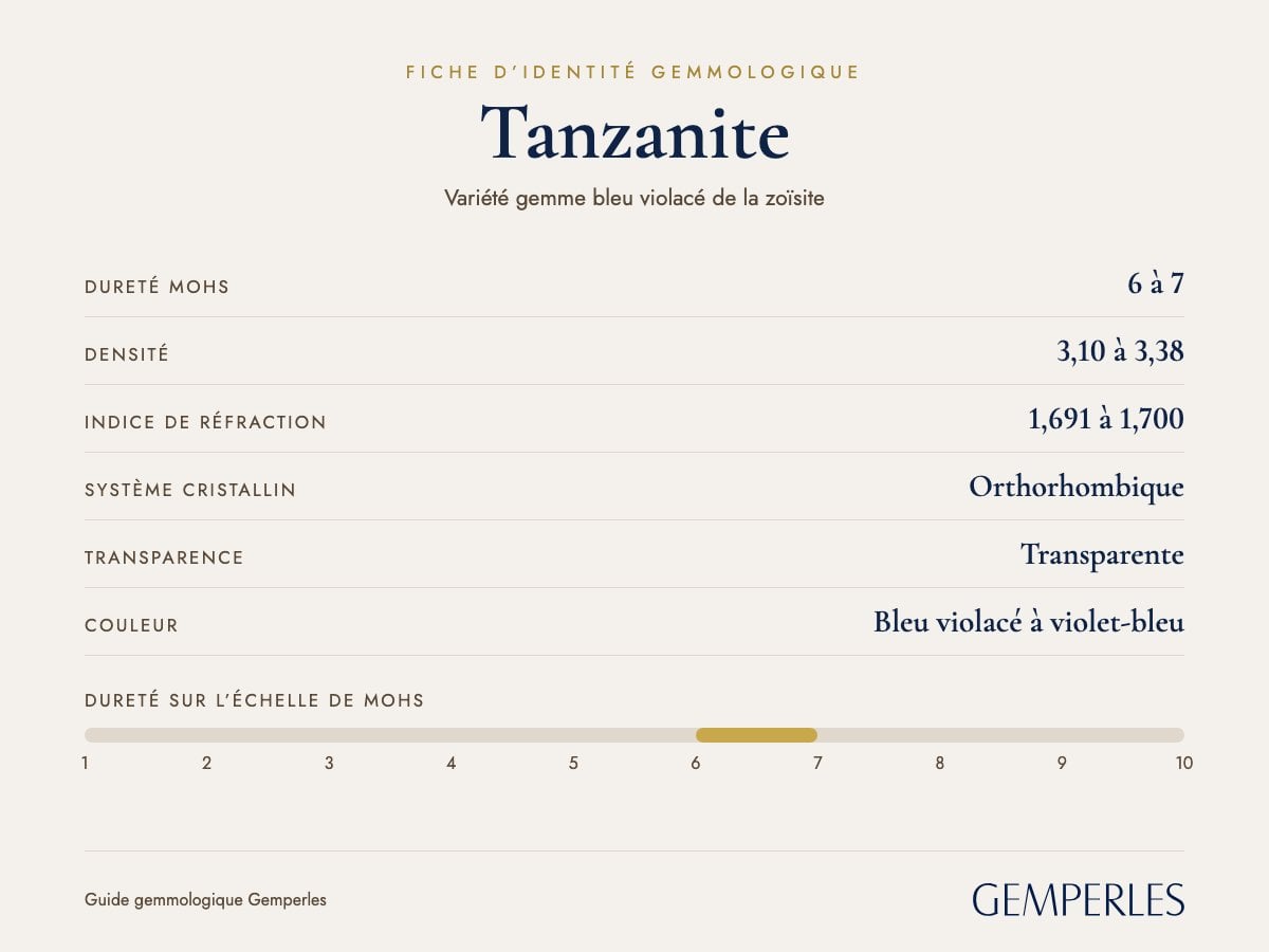Fiche d’identité de la tanzanite : dureté 6 à 7 Mohs, densité 3,10 à 3,38, indice de réfraction 1,691 à 1,700, orthorhombique, transparente
