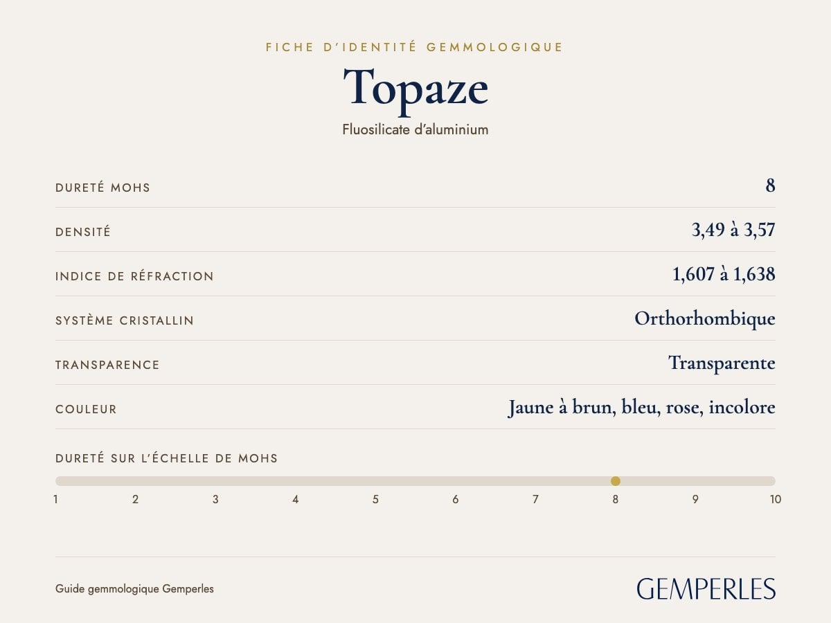 Fiche d’identité de la topaze : dureté 8 Mohs, densité 3,49 à 3,57, indice de réfraction 1,607 à 1,638, orthorhombique, transparente